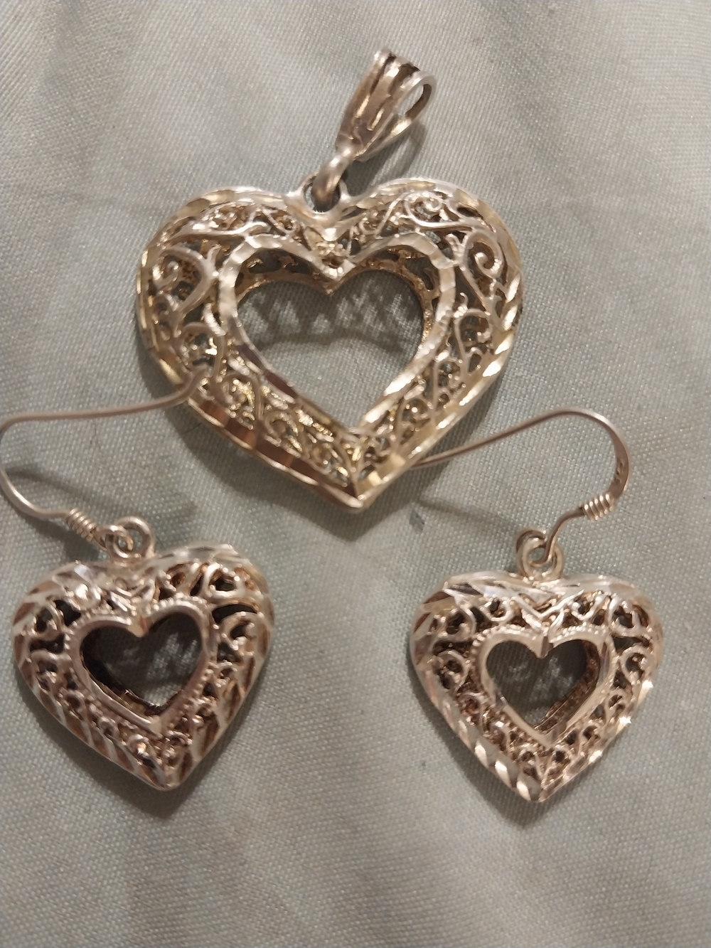 QVC Silver Filigree Heart Pendant and Dangle Earrings Set